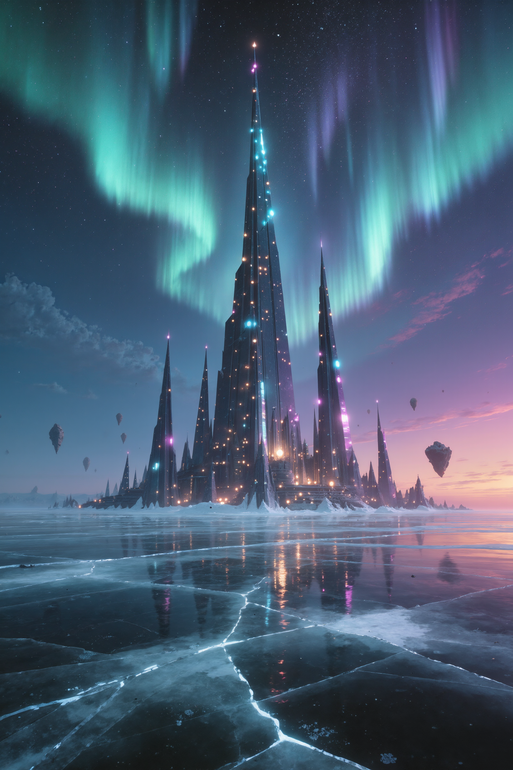 AI-generated ice citadel under a green and violet aurora seen from the surface of a frozen sea