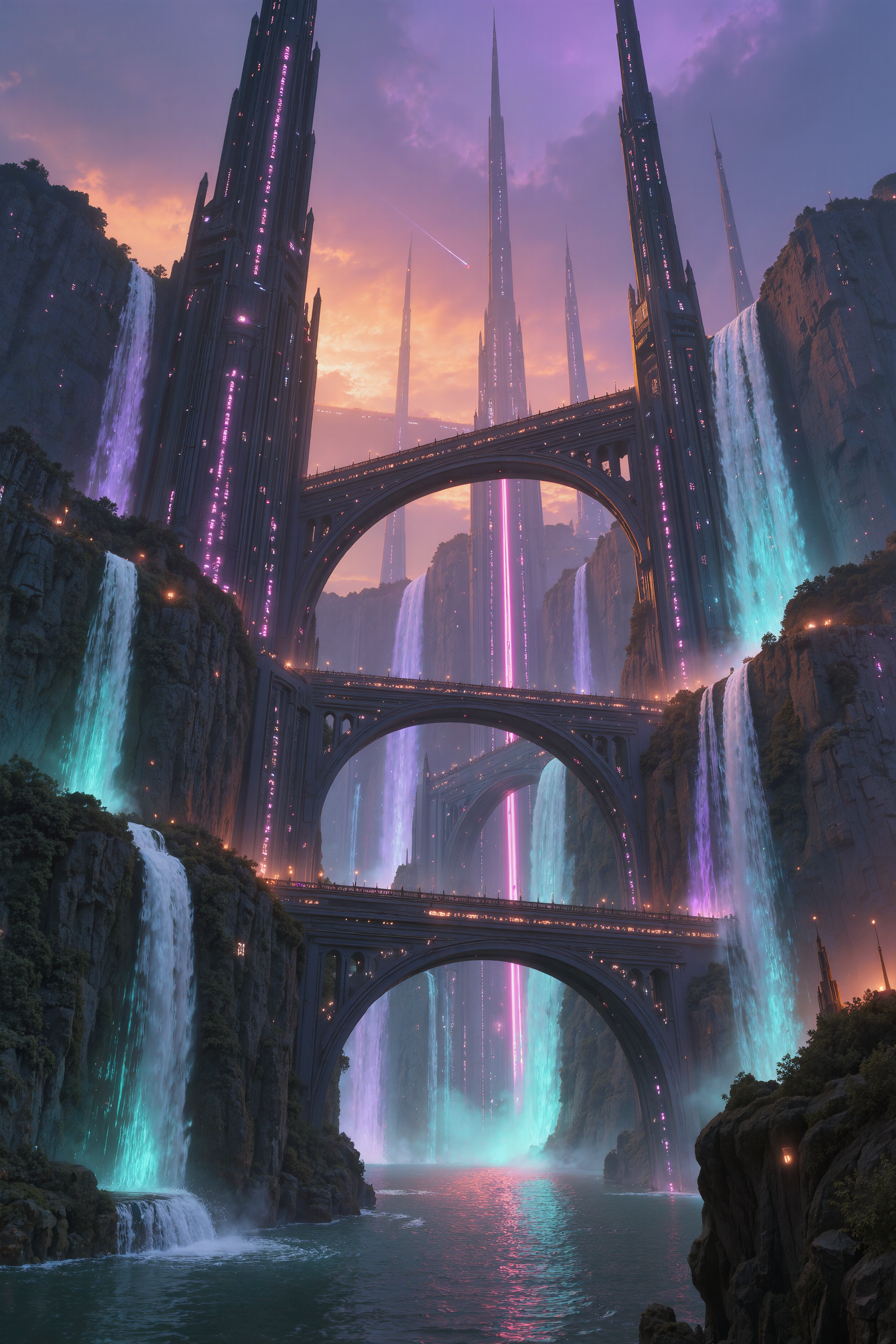 AI-generated cyberpunk cliff city at dusk seen from the river, neon-lit waterfalls pouring between dark towers