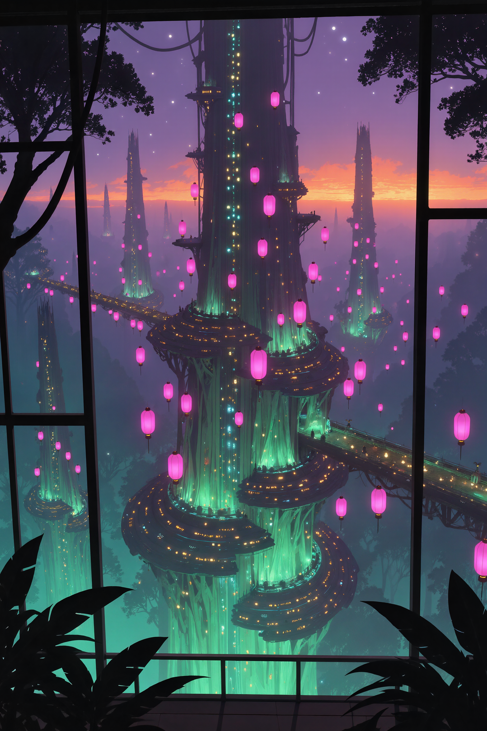 AI-generated bioluminescent forest city at night seen from a terrace, tree-towers glowing green under floating pink lanterns