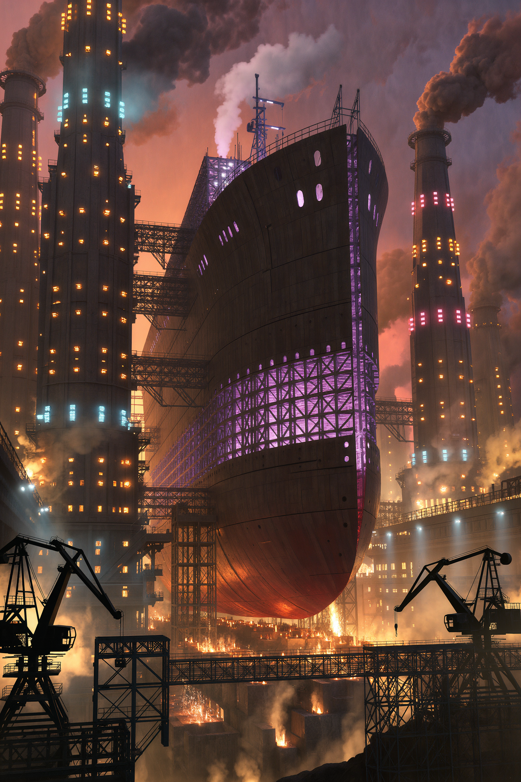 AI-generated industrial cyberpunk shipyard at night, one colossal hull in dry dock under scaffolds with furnaces blazing below