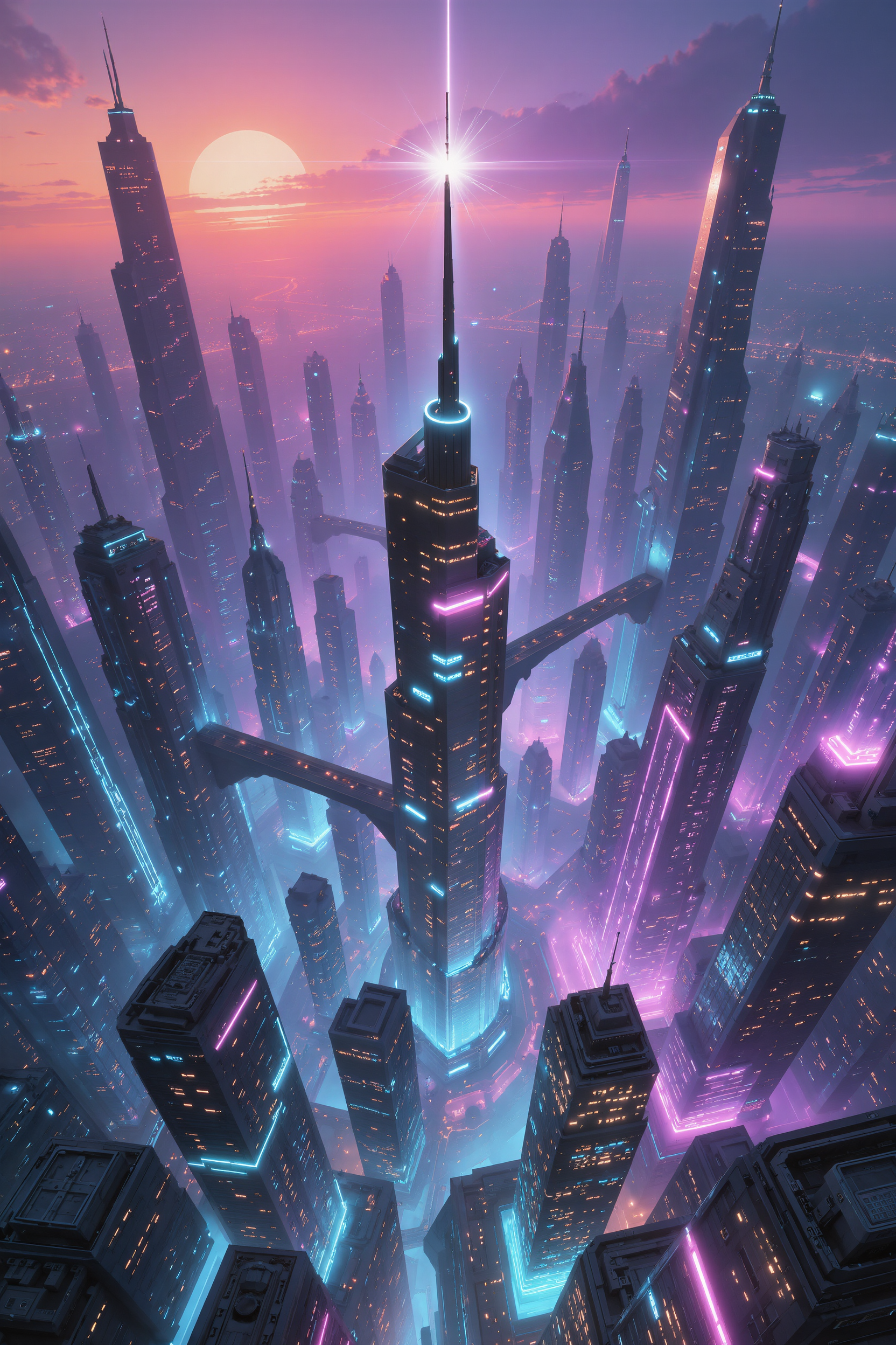 AI-generated cyberpunk glass city at sunset seen from above, dark mirror towers edged in neon