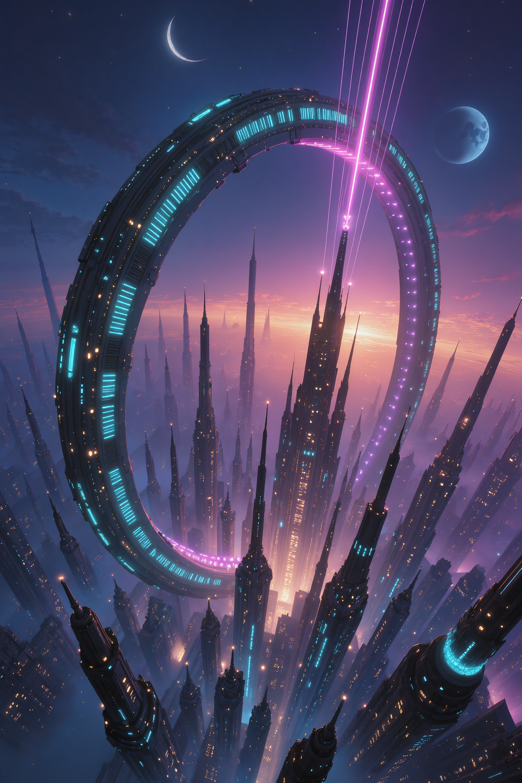 AI-generated cyberpunk city at dusk with a colossal neon-lit ring standing over it and lit tethers rising to it