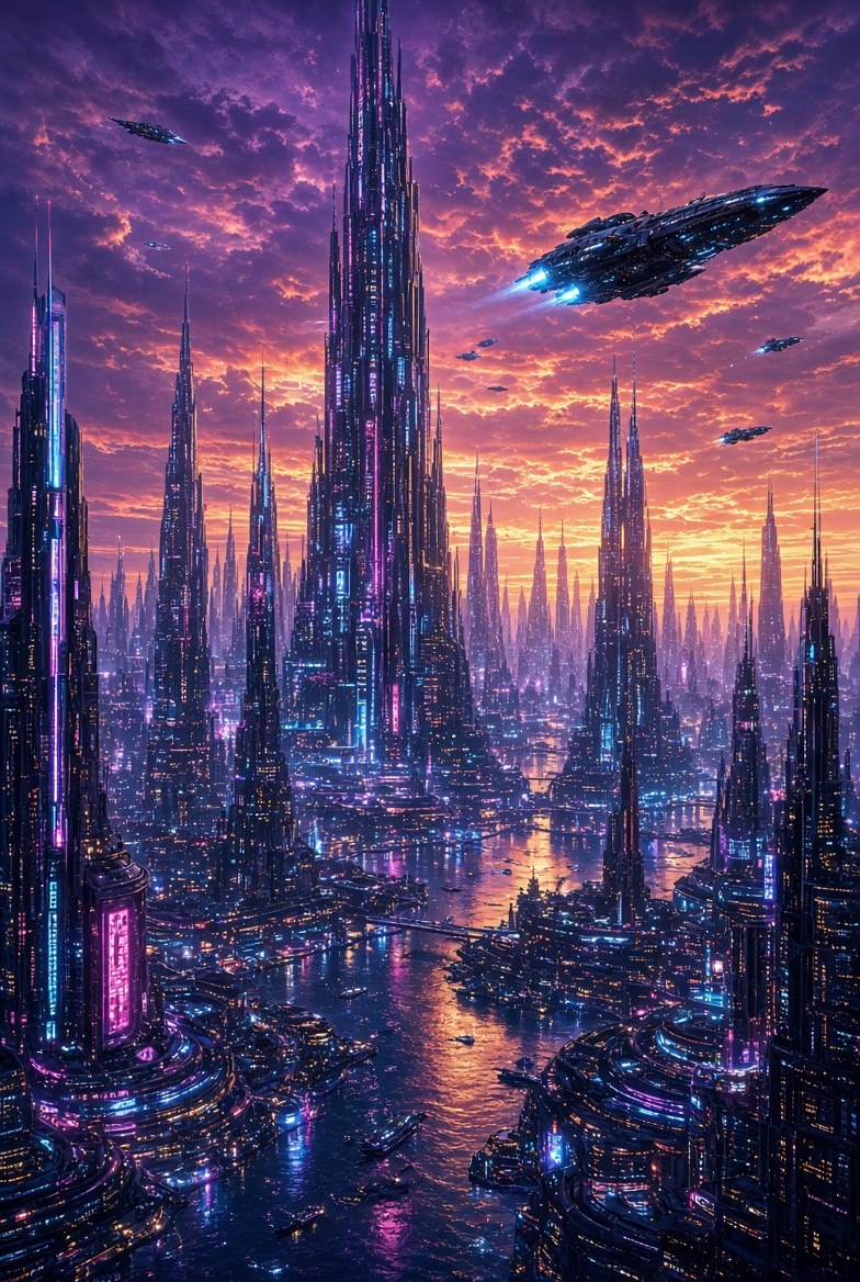 AI-generated neon cyberpunk city of violet and blue spires along a glowing river under a purple sunset, starships overhead
