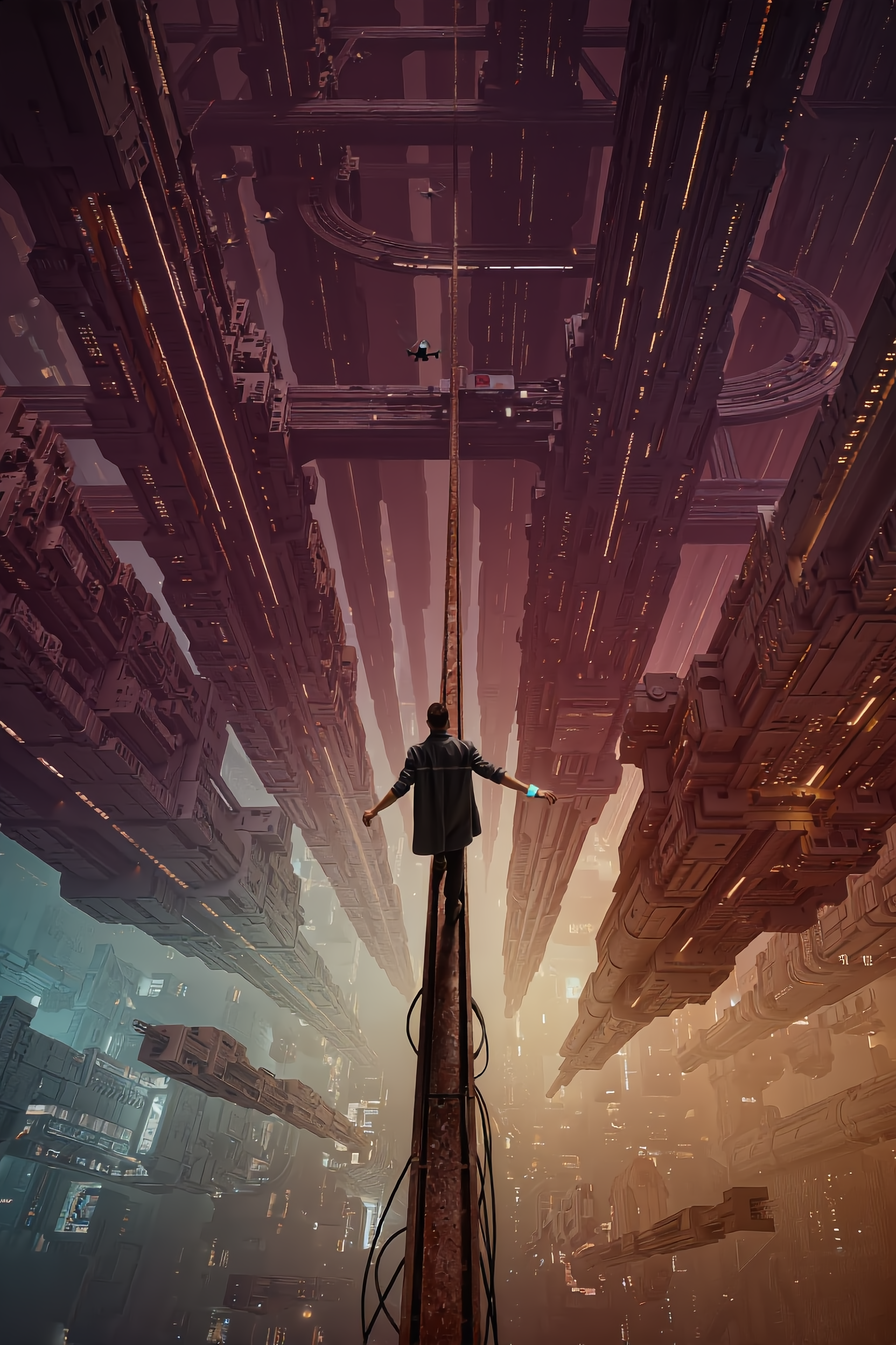 AI-generated cyberpunk megacity seen from above, a lone figure walking a bare rusted beam with the whole city far below