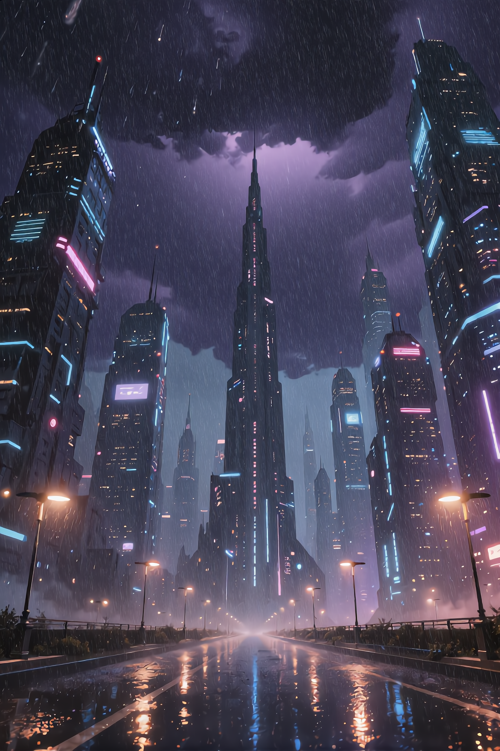 AI-generated cyberpunk city in a downpour seen from a wet street, dark storm sky over the tallest tower