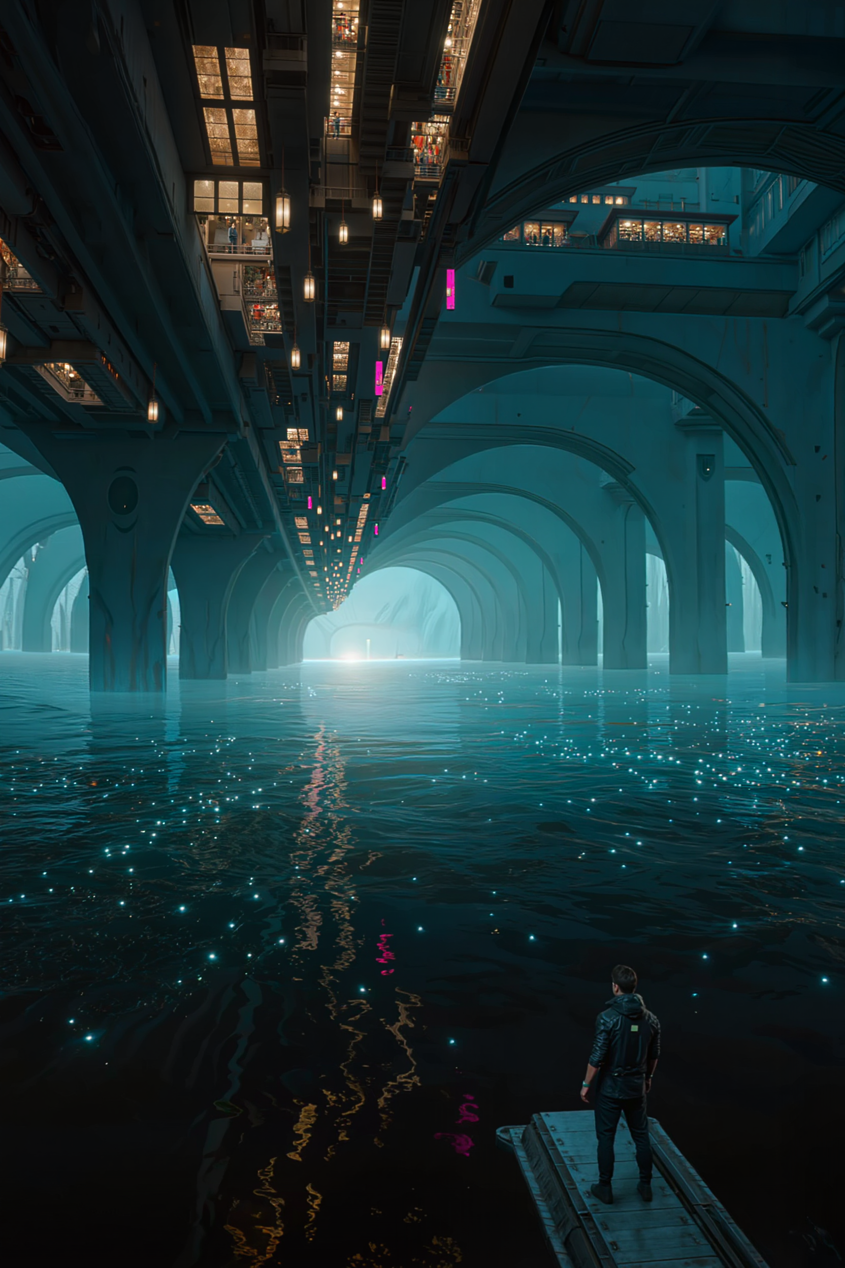 AI-generated cyberpunk city built over water, lantern-lit arches receding over bioluminescent water