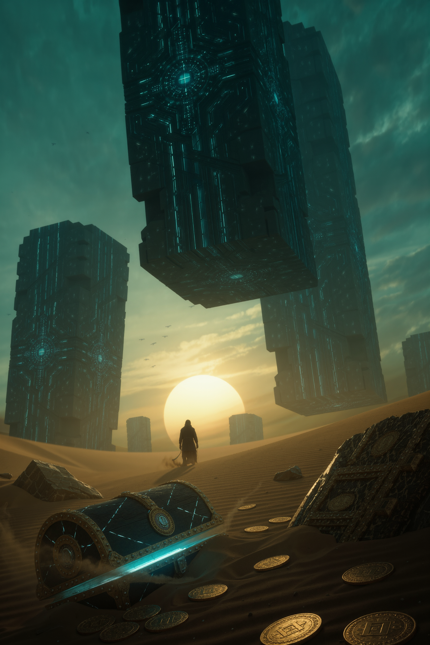 AI-generated desert with rune-carved stone blocks glowing with cyan circuit patterns, sand blowing over half-buried treasure, a cloaked silhouette