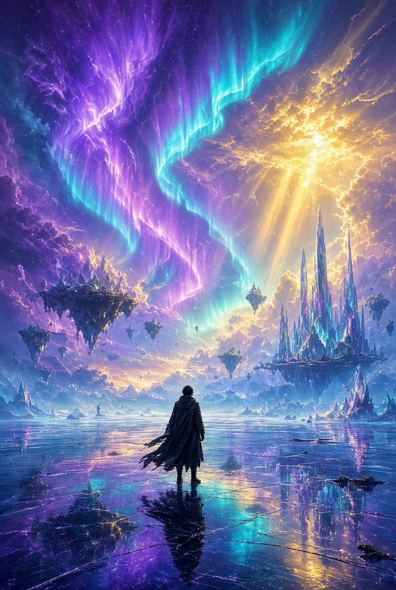 AI-generated fantasy scene of a cloaked wanderer on a frozen mirror sea beneath purple and cyan auroras and floating islands