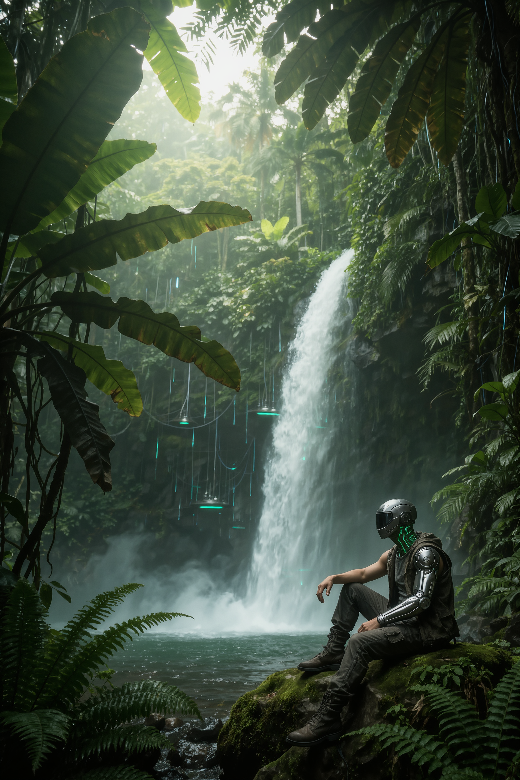 AI-generated bioluminescent alien jungle with waterfall and a cybernetic figure resting on a mossy rock