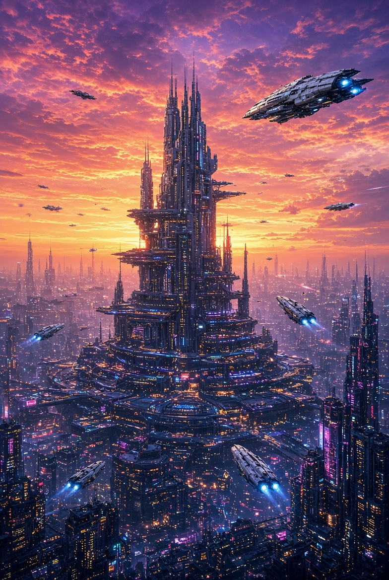AI-generated futuristic megastructure tower city under an orange and purple sunset sky with starships