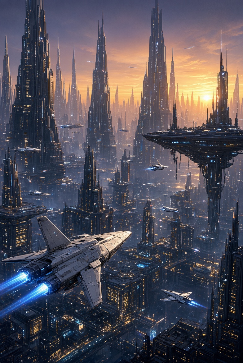 AI-generated futuristic sci-fi city of glowing spires at sunset with a spacecraft flying between towers